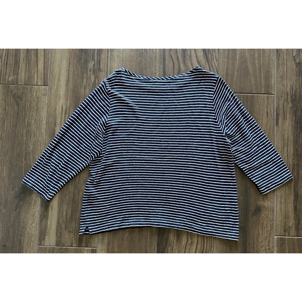 Poetry Women Blue White Striped 100% Linen Boat Neck 3/4 Sleeve Top US 16 VS86